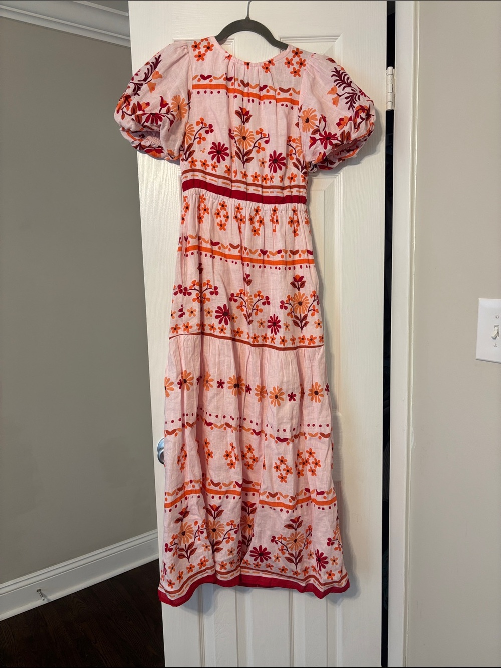 Banjanan Open Back Puff-Sleeve Maxi Dress in Pink & Orange